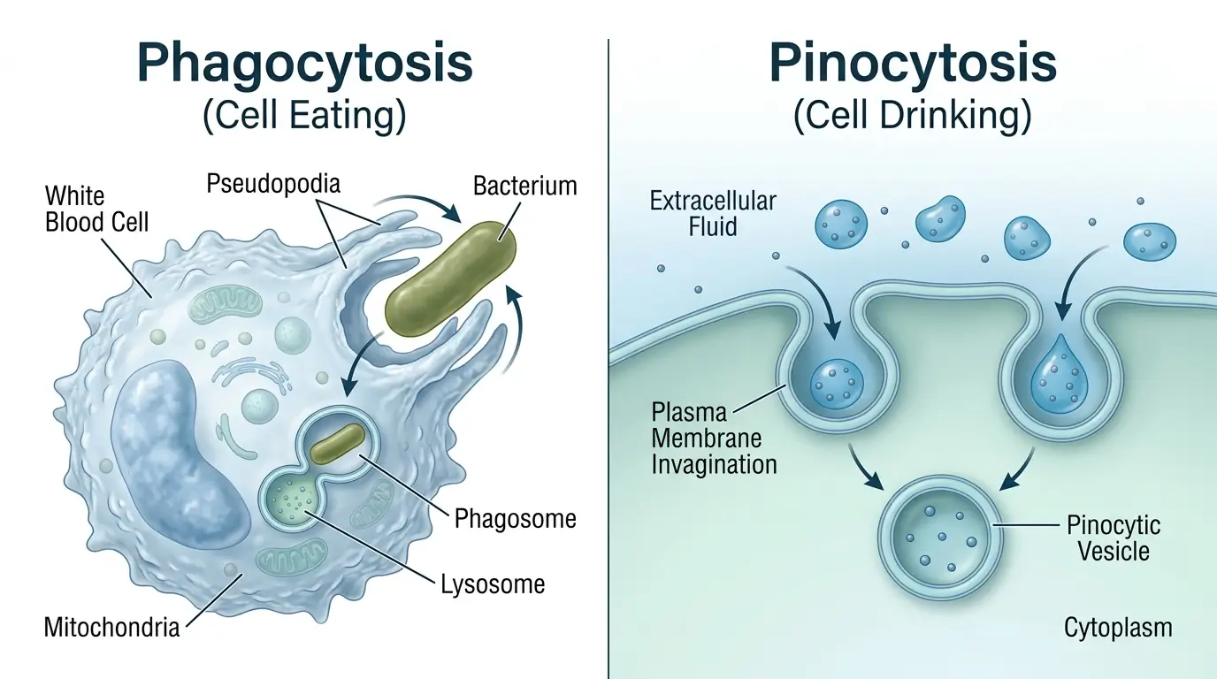 difference between phagocytosis and pinocytosis